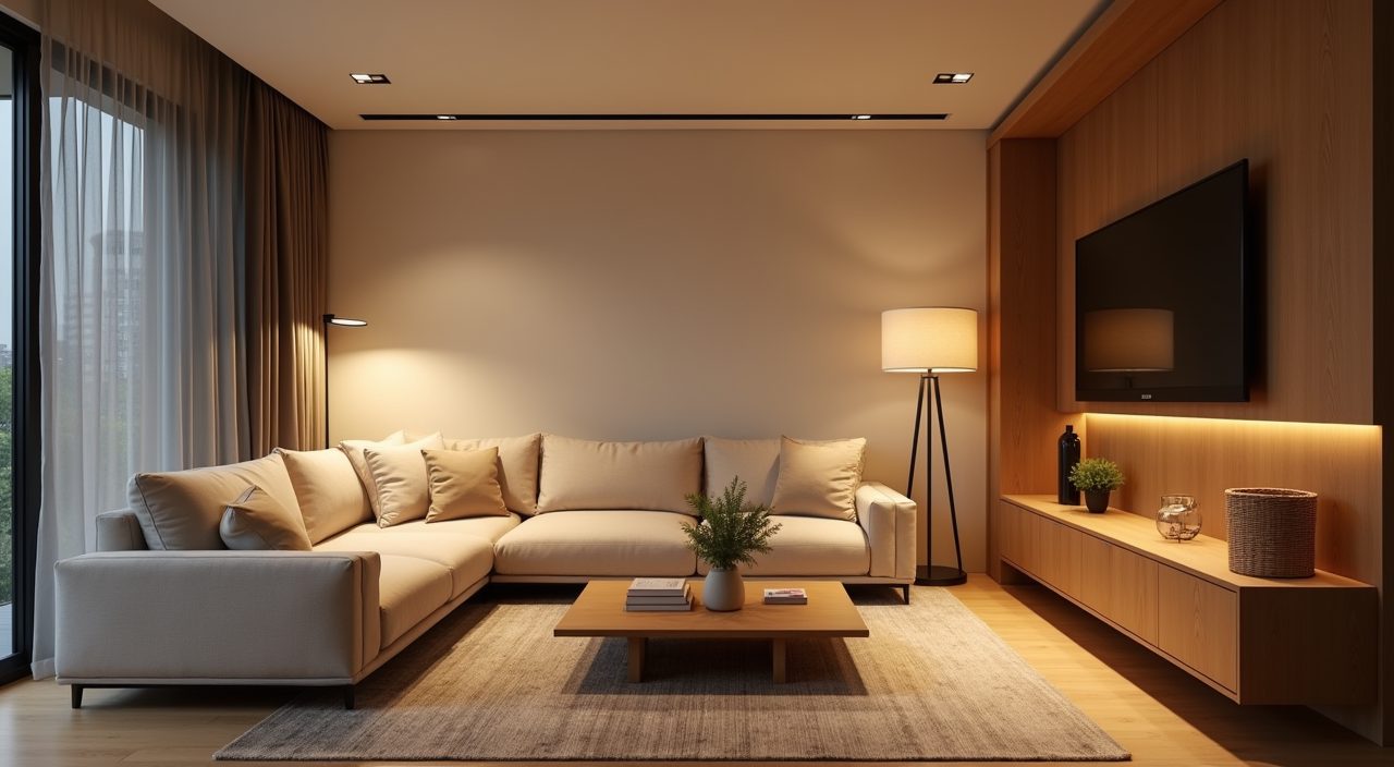 Muji Japanese Singapore living room at night with layered warm lighting from a floor lamp and shelf strip glow
