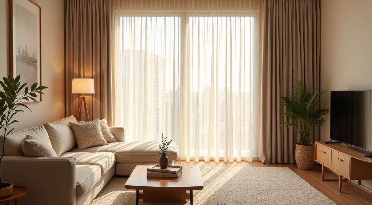 Muji Japanese Singapore living room with sheer linen curtains diffusing bright afternoon sunlight