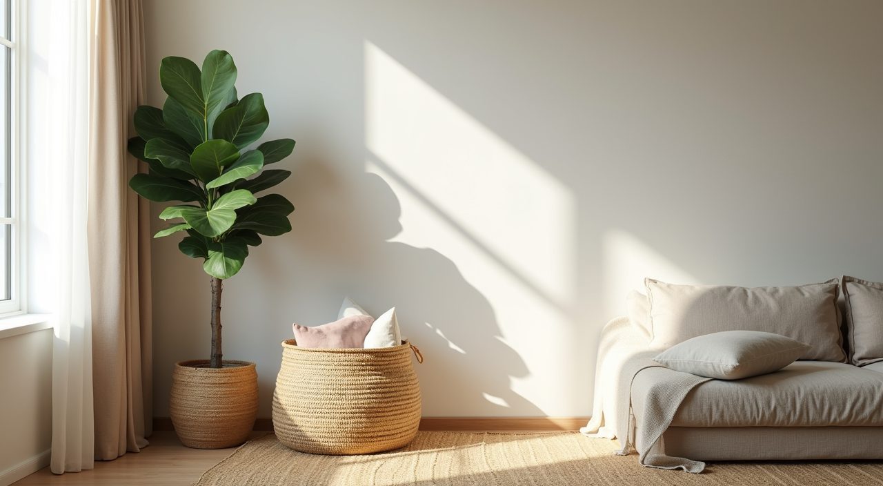 Muji Japanese Singapore living room corner with a fiddle-leaf fig, rattan basket and jute rug