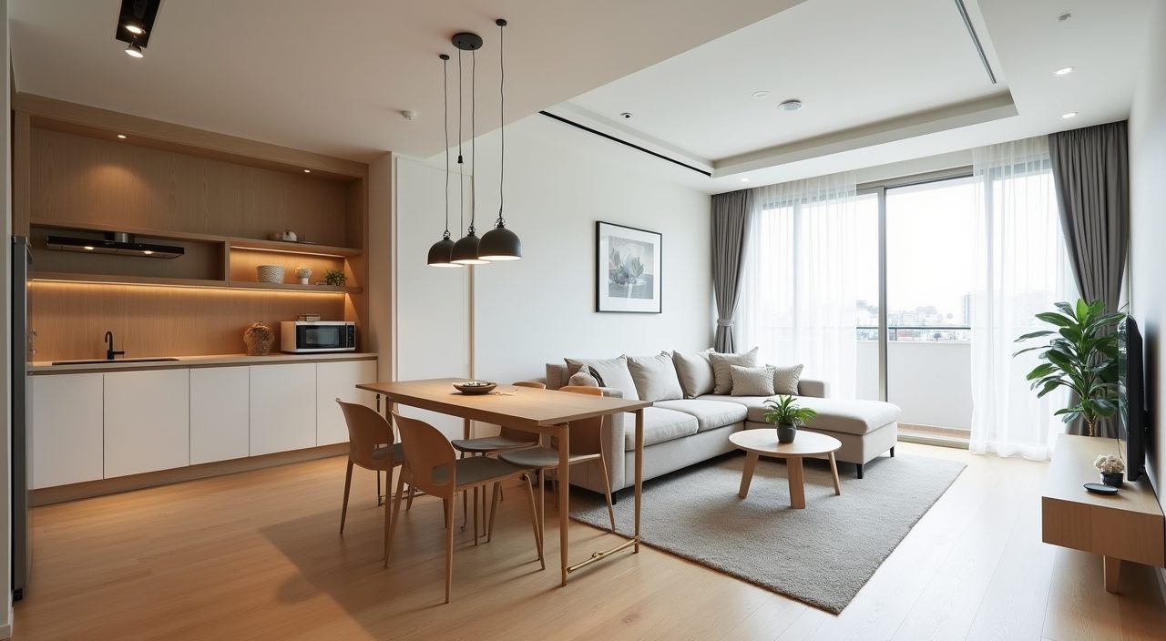 Open-plan Muji Japanese Singapore living and dining area zoned with a low timber shelf and rug