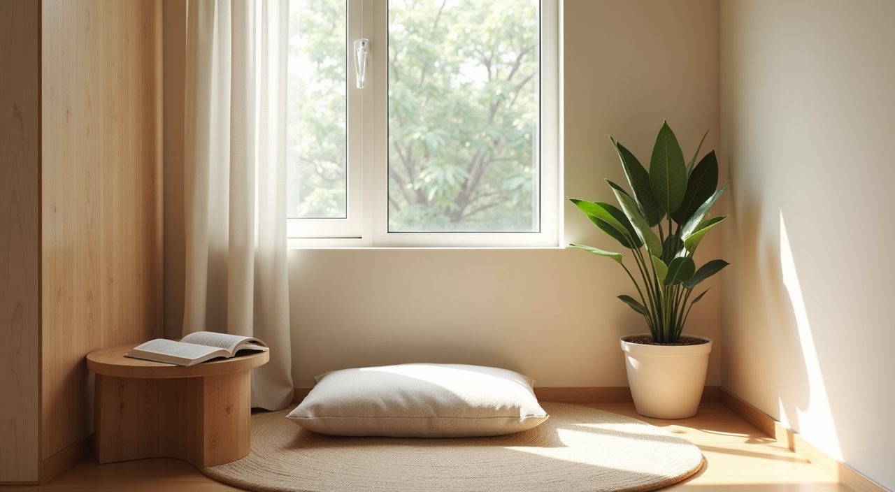 Muji Japanese Singapore living room reading nook with a floor cushion, timber stool and snake plant