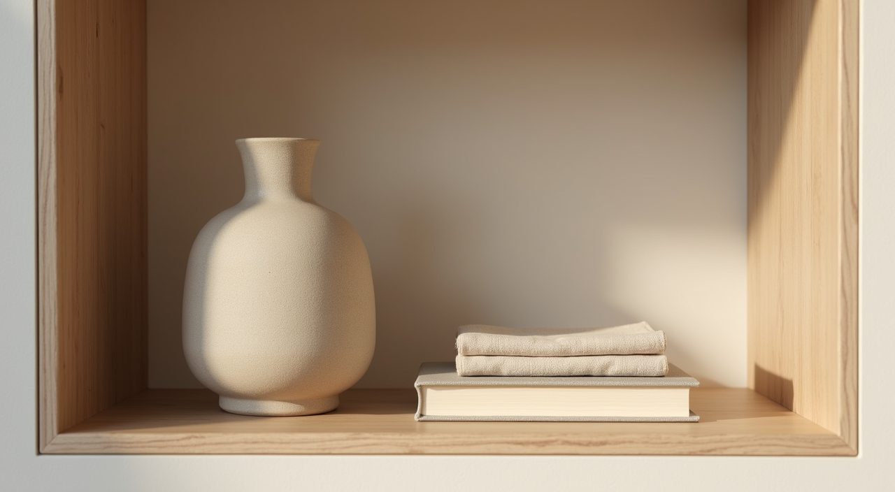 Close-up of a styled light oak shelf niche with stoneware, books and linen in a Muji Japanese Singapore living room