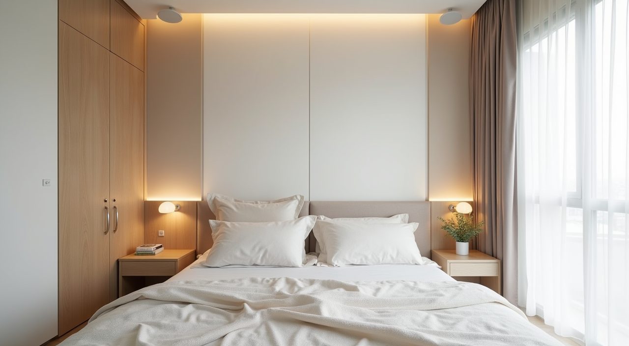 Muji Japanese master bedroom in warm greige and off-white palette with pale oak accents