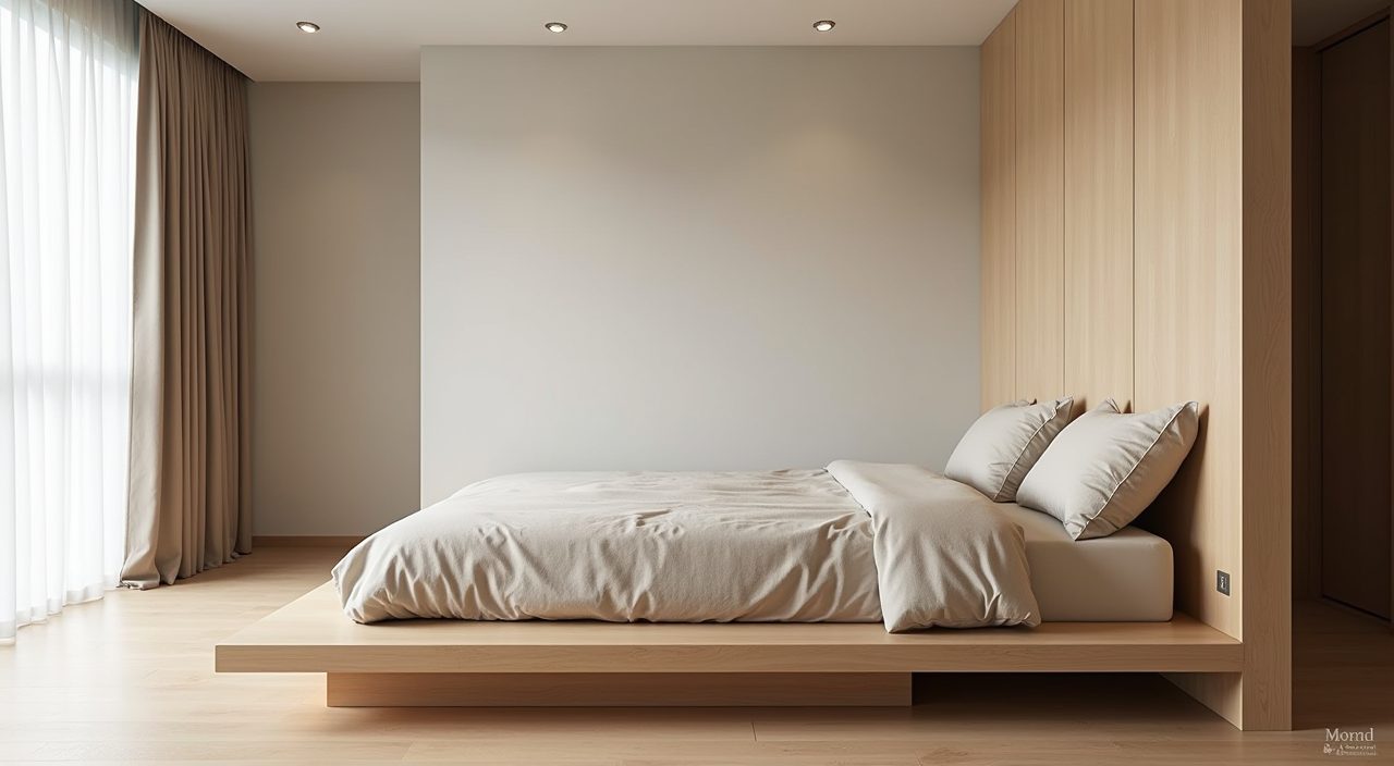 Low light oak platform bed in a Muji Japanese Singapore master bedroom opening up a small room