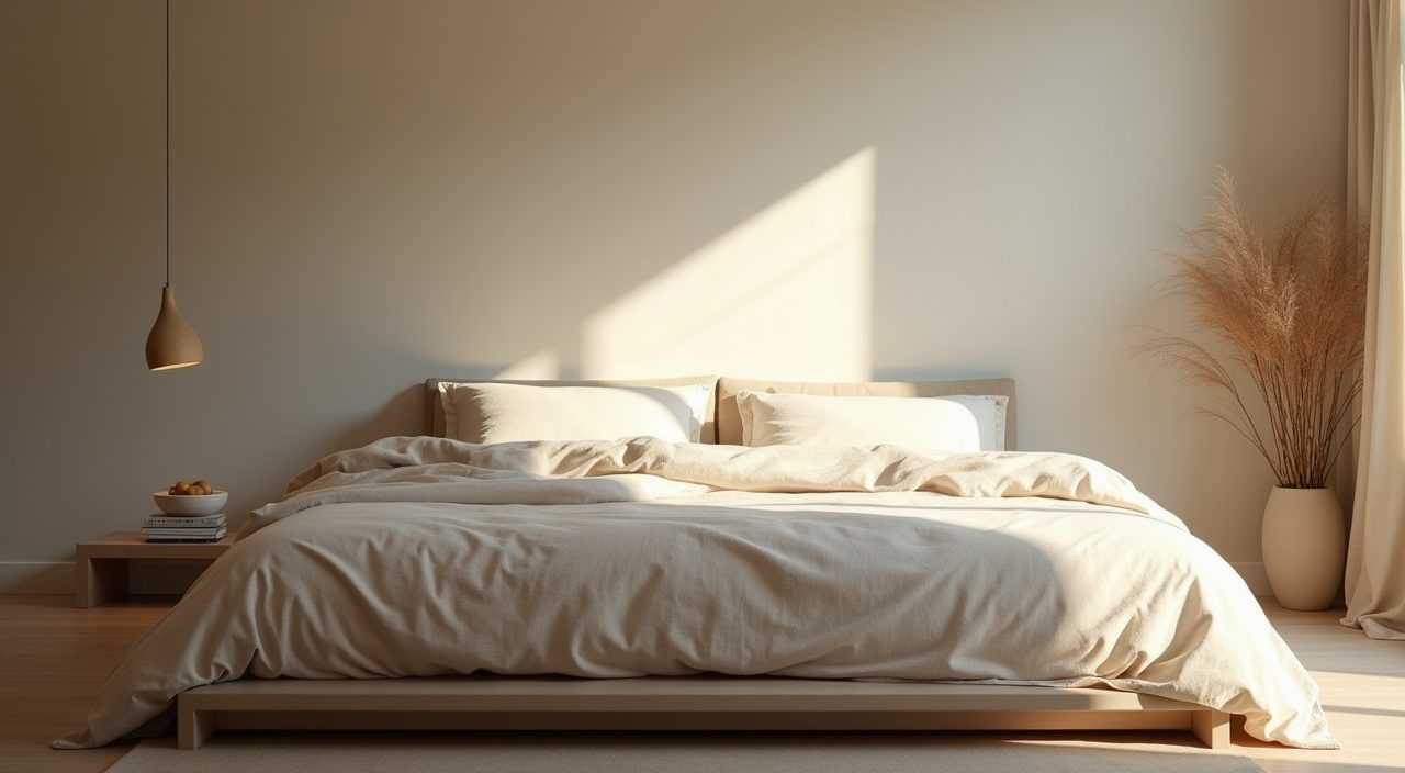Morning light on oatmeal linen bedding in a calm Muji Japanese Singapore master bedroom