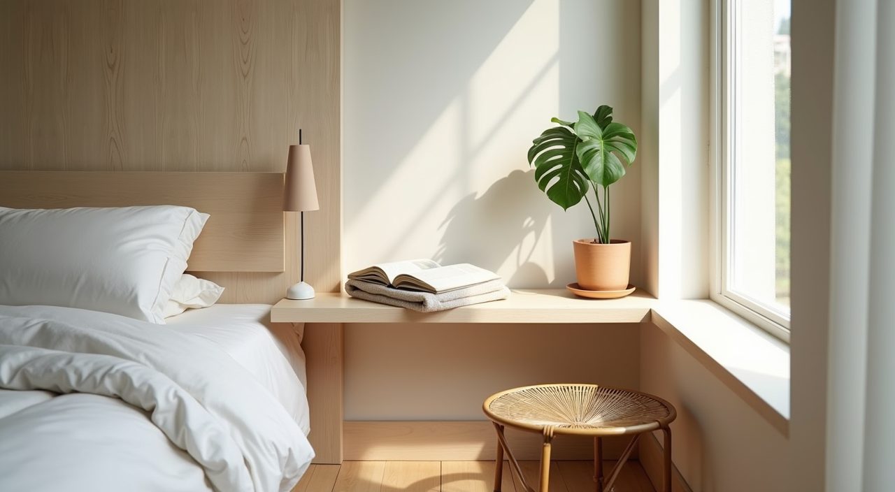 Quiet reading nook with rattan stool and pothos plant in a Muji Japanese Singapore master bedroom