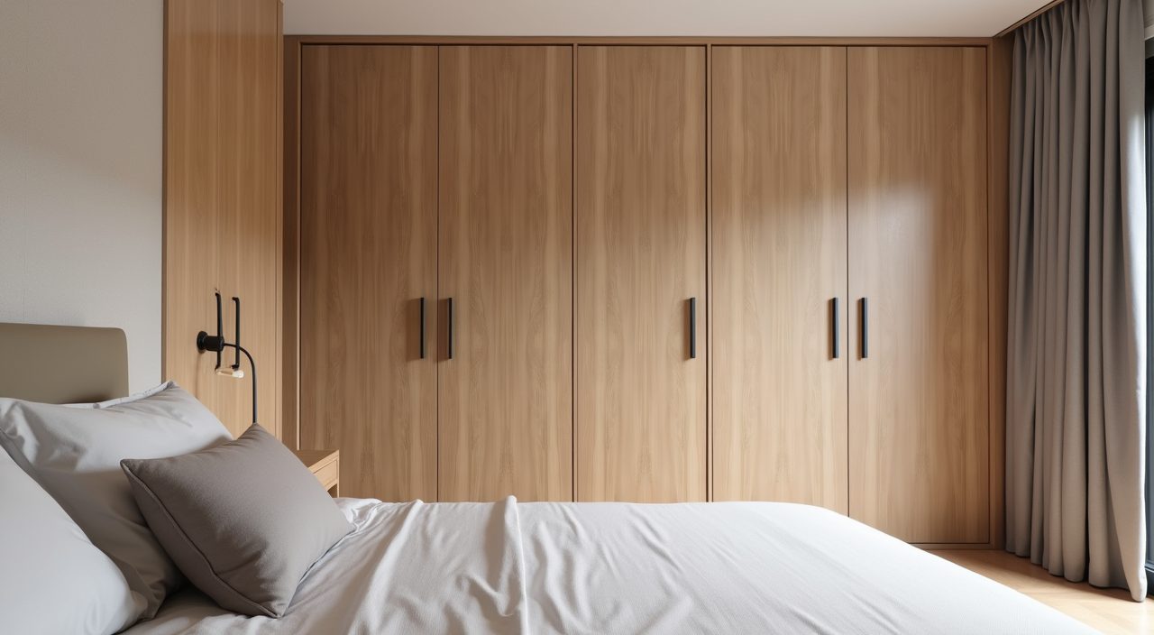 Flush floor-to-ceiling handleless built-in wardrobes in a Muji Japanese Singapore master bedroom