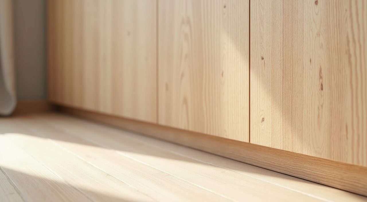 Close-up of pale oak veneer and SPC vinyl flooring finishes for a humidity-resistant Muji Singapore bedroom