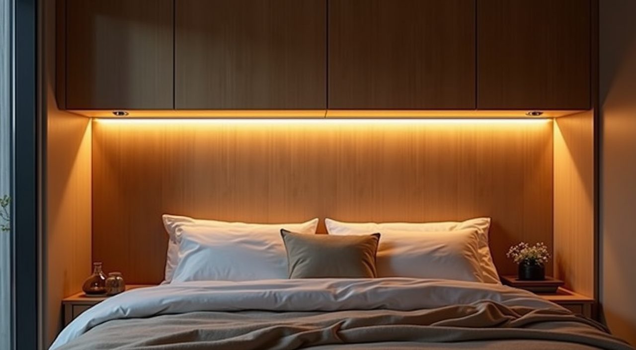 Warm indirect cove LED lighting behind a headboard in a Muji Japanese Singapore master bedroom