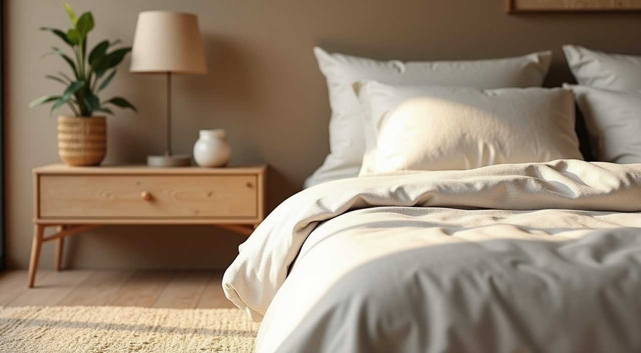 Linen, cotton, rattan and plant textures in a Muji Japanese Singapore master bedroom