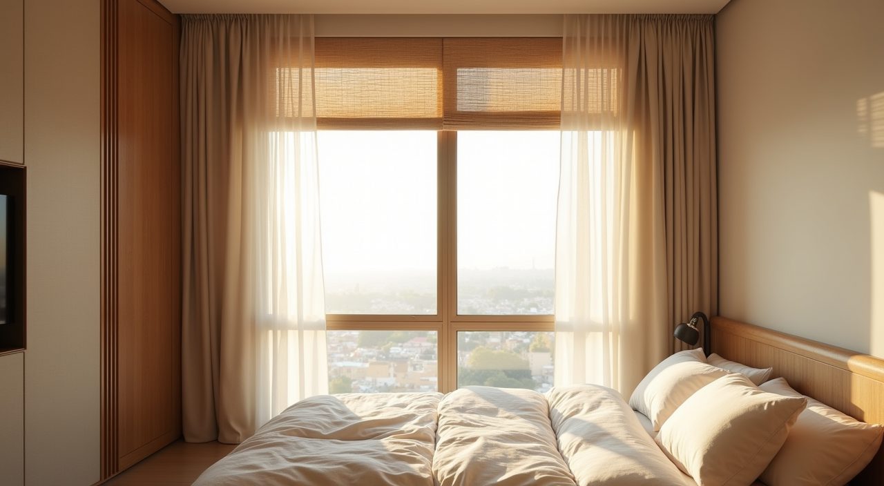 Sheer linen curtains and timber-look blinds screening tropical sun in a Muji Japanese Singapore bedroom