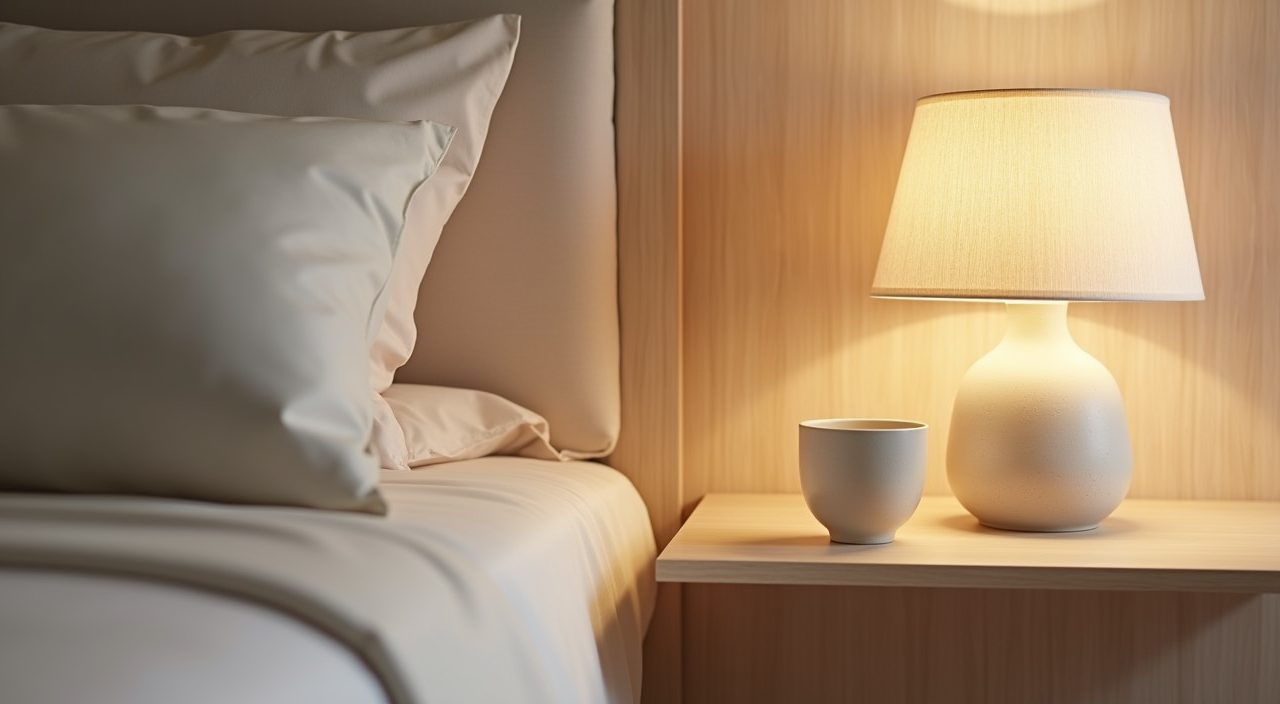 Pale oak wall-mounted bedside shelf with paper-shade lamp in a Muji Japanese Singapore bedroom