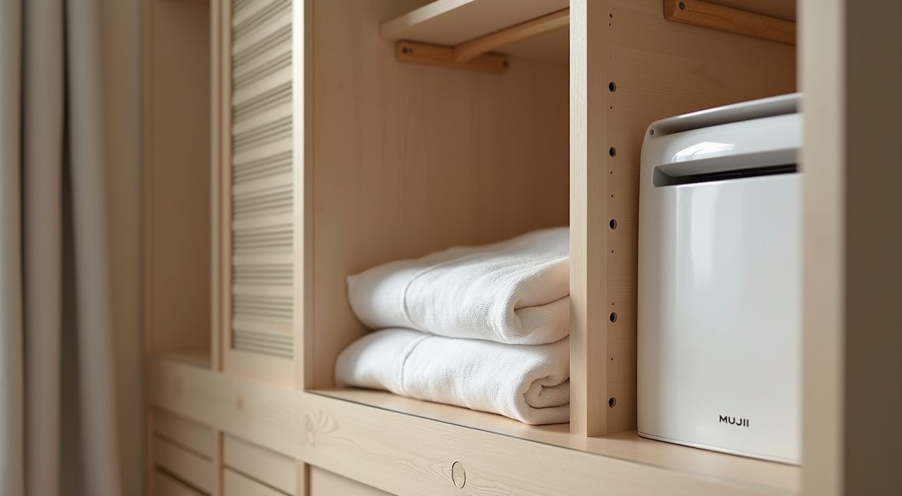 Ventilated built-in wardrobe interior with folded linen in a Muji Japanese Singapore master bedroom