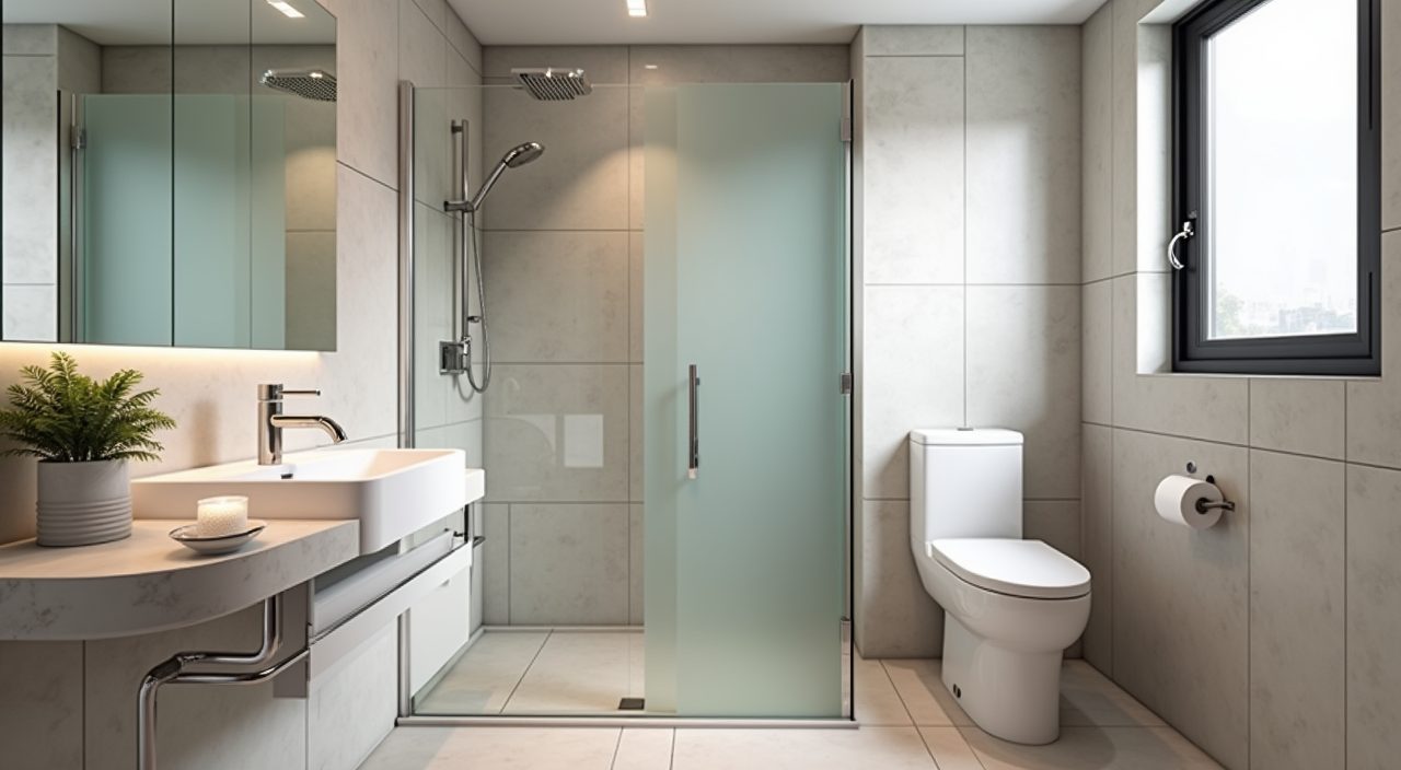 Contemporary Singapore resale flat bathroom with frameless glass panel creating a wet and dry split