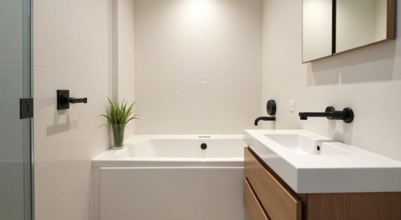 Light low-contrast contemporary Singapore resale flat bathroom in warm white and greige tones