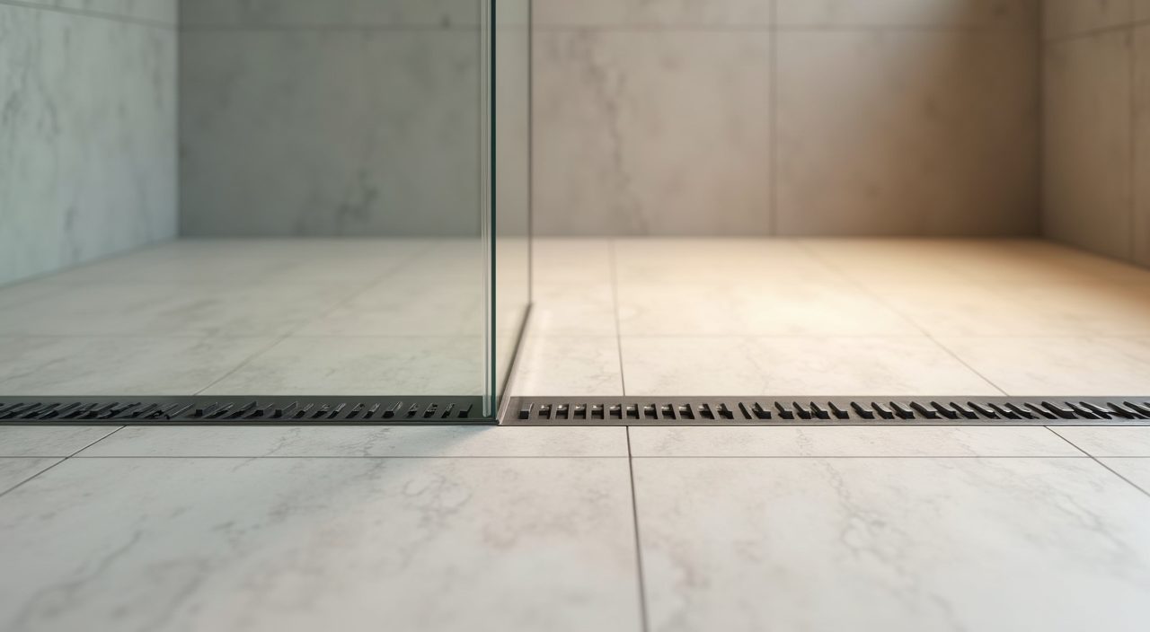 Anti-slip porcelain floor tile and linear drain detail in a contemporary Singapore resale flat bathroom