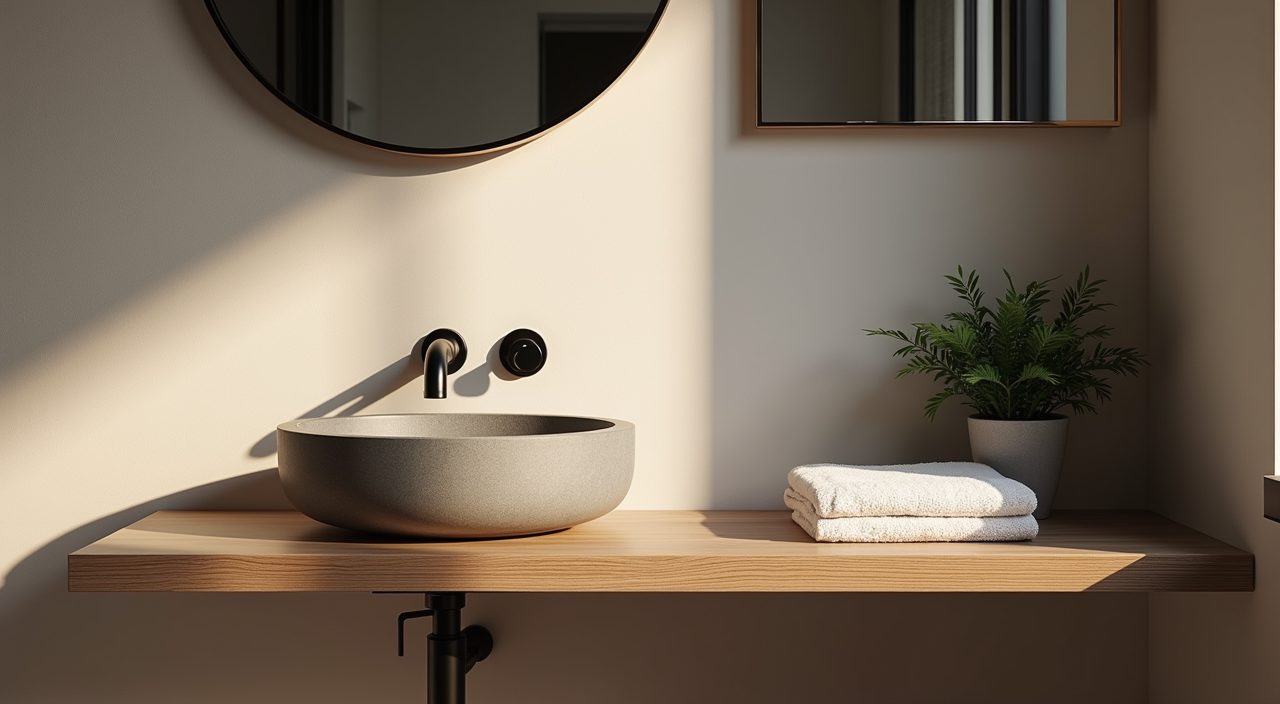 Calm vanity corner nook with stone basin and greenery in a contemporary Singapore resale flat bathroom