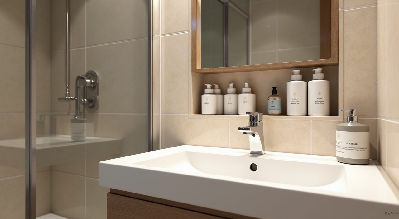Recessed shower niche and mirror cabinet storage in a contemporary Singapore resale flat bathroom