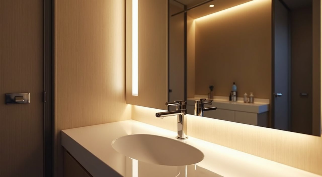 Backlit mirror and layered warm lighting at the vanity in a contemporary Singapore resale flat bathroom