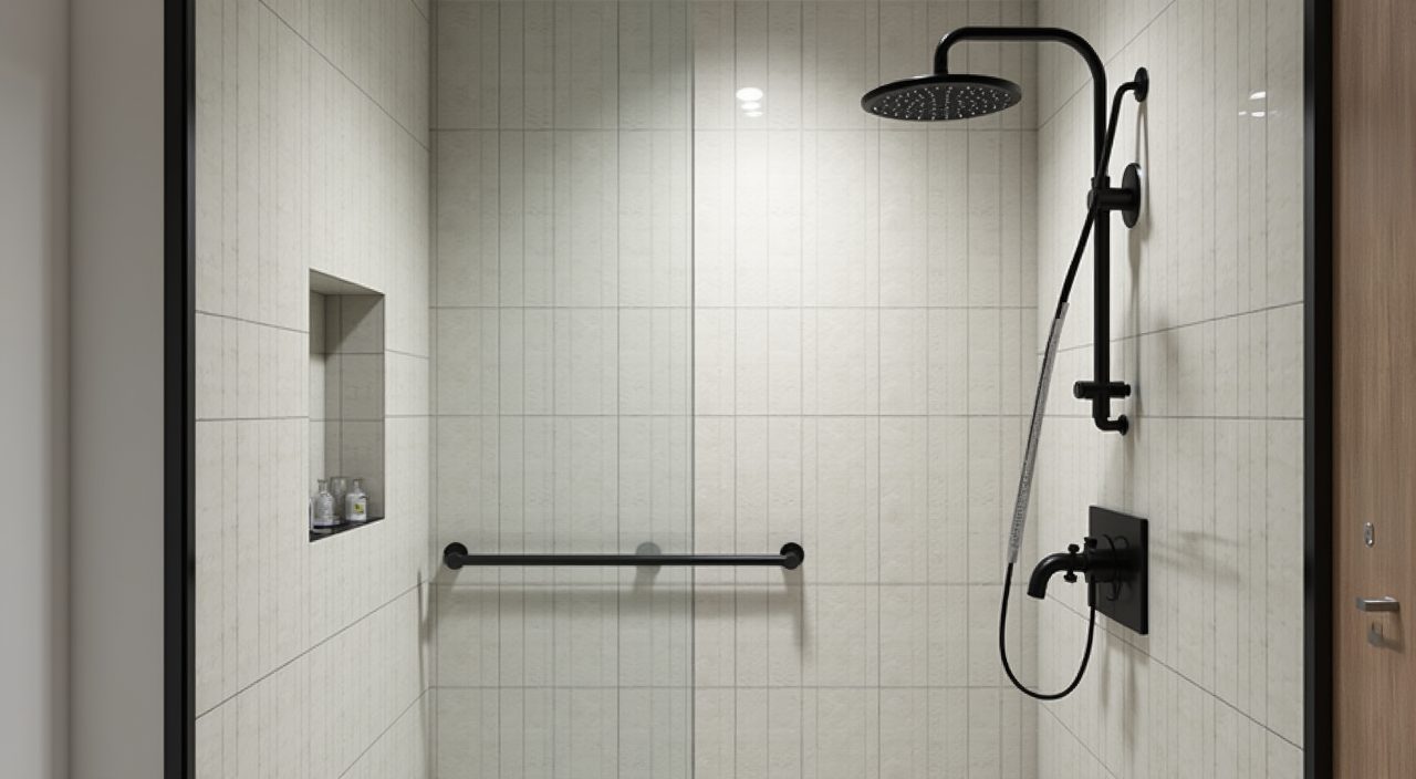 Walk-in shower with rain head and matte black tapware in a contemporary Singapore resale flat bathroom