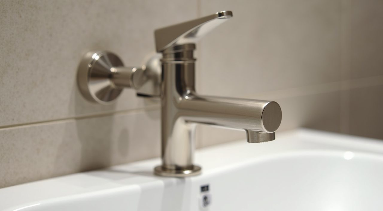 Macro detail of a brushed nickel basin tap against greige tile in a contemporary Singapore bathroom