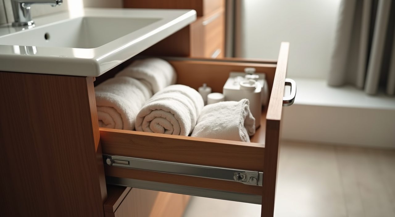 Open soft-close vanity storage drawer in a contemporary Singapore resale flat bathroom
