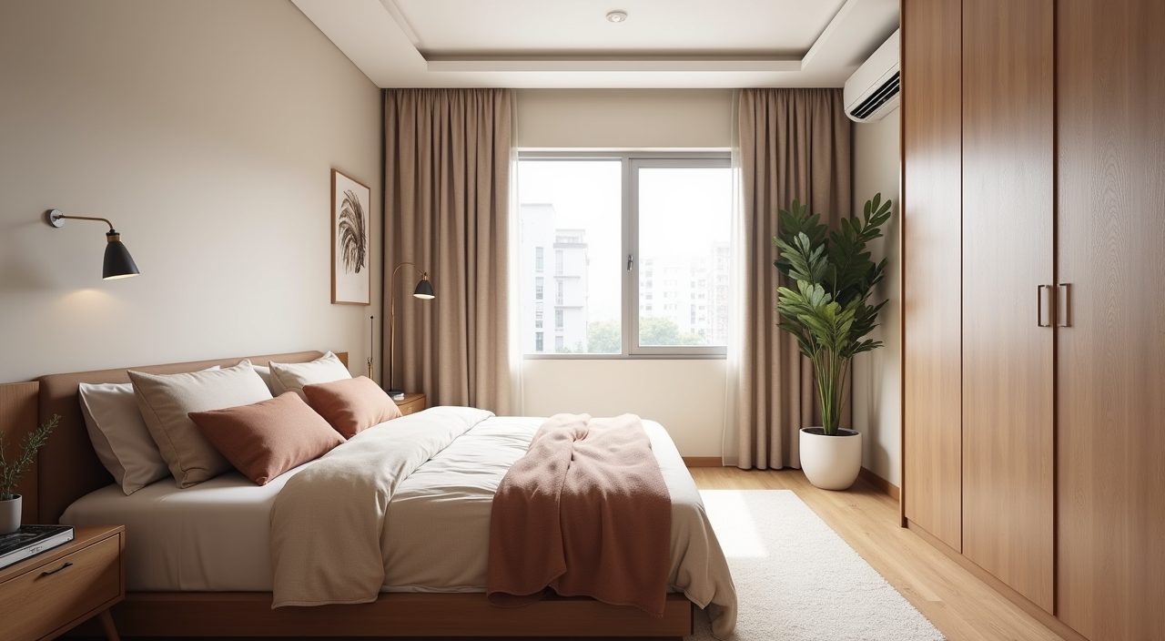 Contemporary Singapore resale flat bedroom in a warm neutral greige and oat palette, wide room view