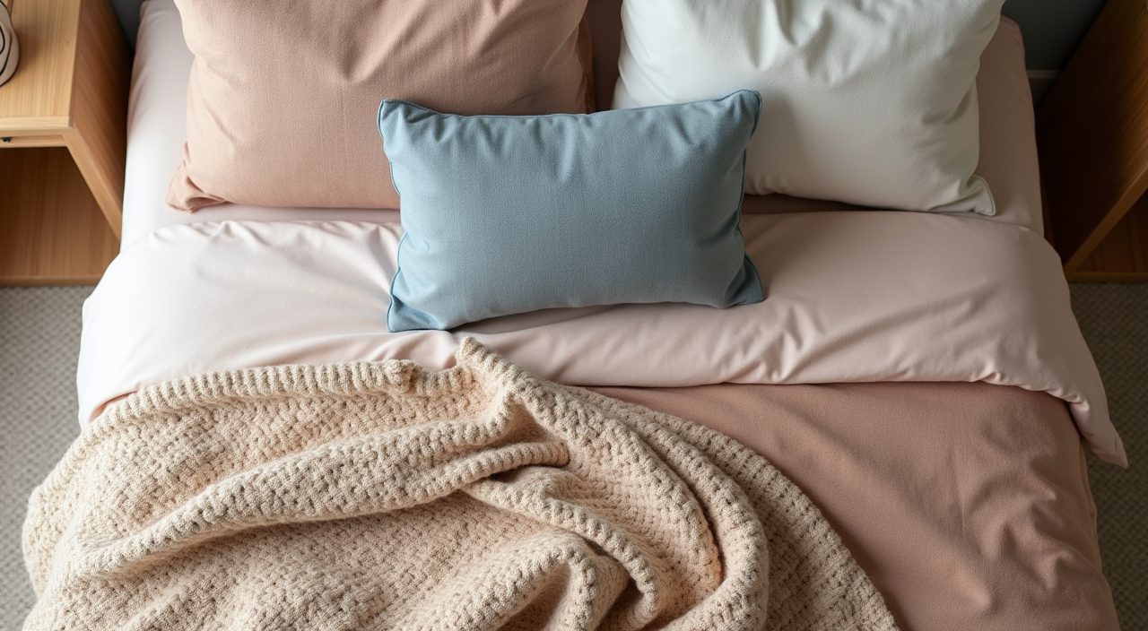 Layered linen and knit textile detail in warm neutral tones in a Singapore resale flat bedroom