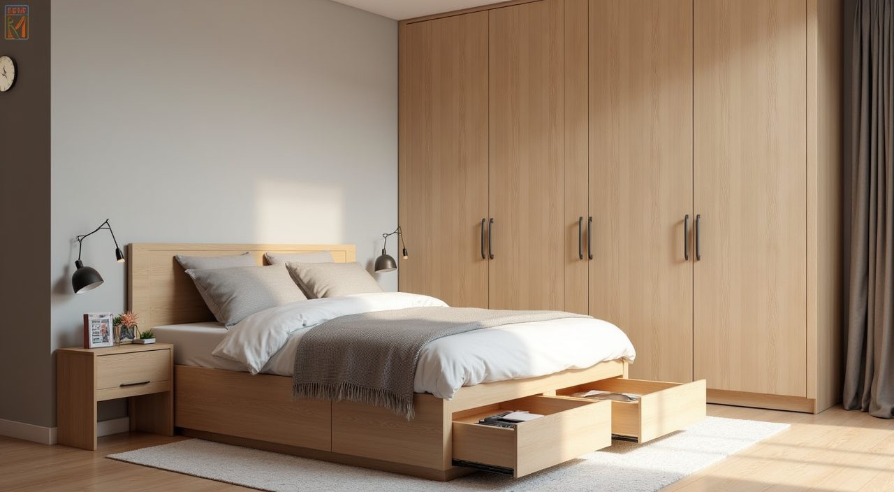 Low platform storage bed with pull out drawers in a contemporary Singapore resale flat bedroom