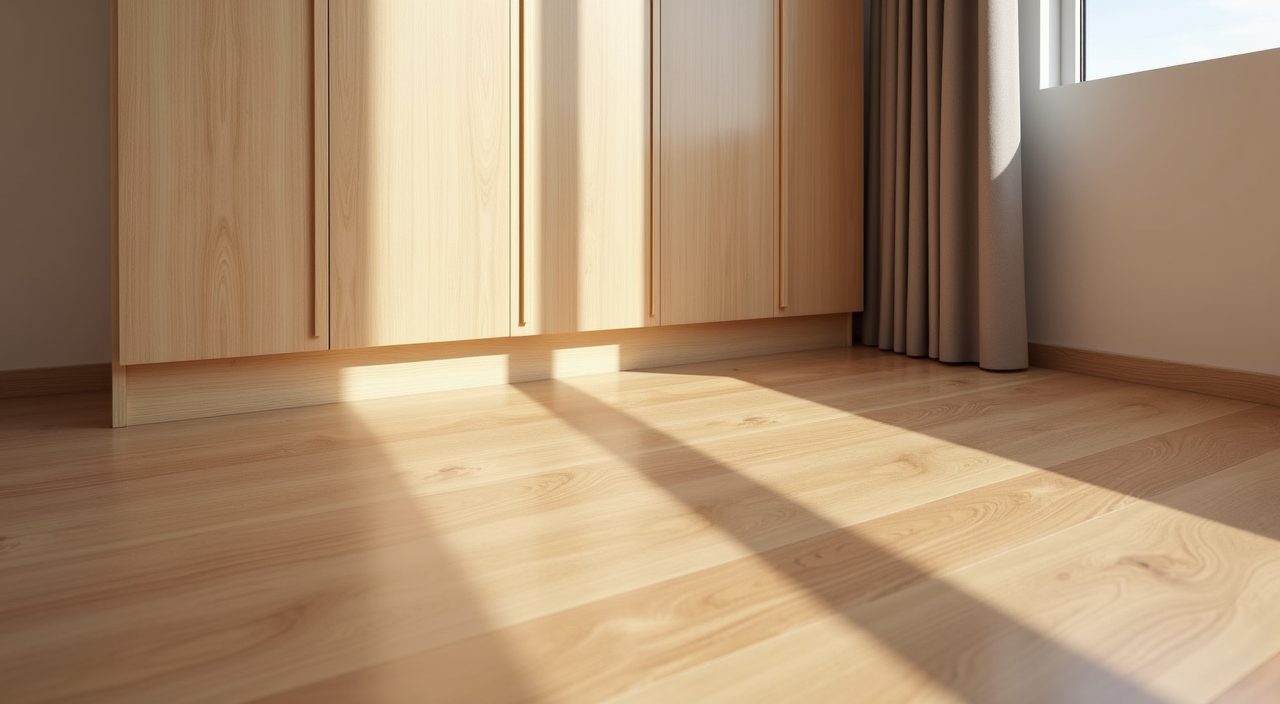 Close up of humidity resistant laminate wardrobe front and vinyl flooring detail in a Singapore resale flat bedroom