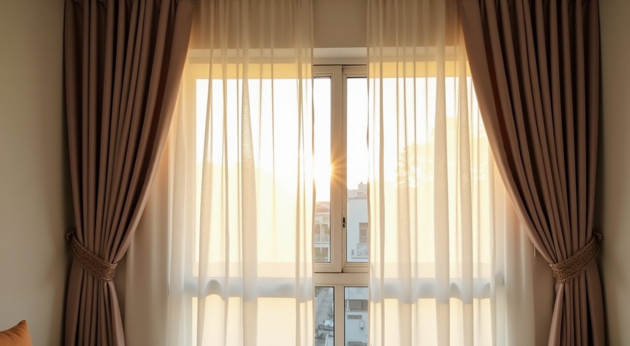 Double layer sheer and blackout curtains on a Singapore resale flat bedroom window, floor length