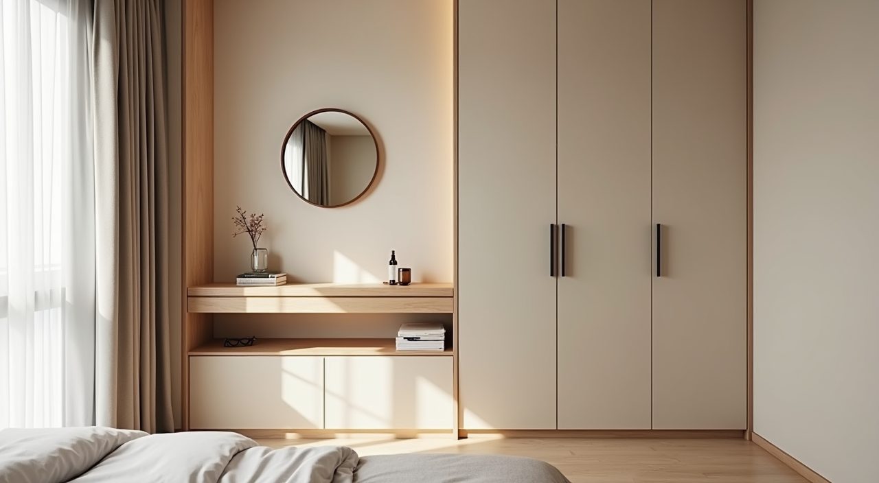 Compact floating desk and vanity nook beside the wardrobe in a contemporary Singapore resale flat bedroom