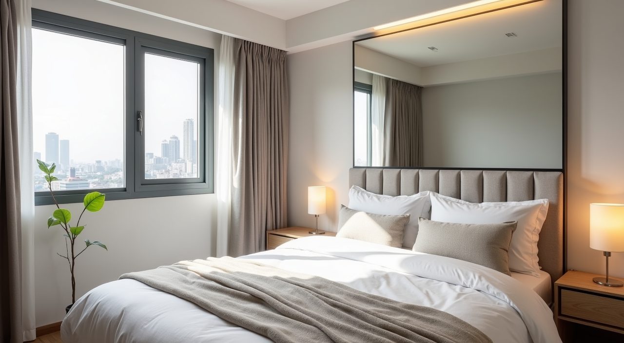 Full length mirror and low fluted headboard stretching a small Singapore resale flat bedroom