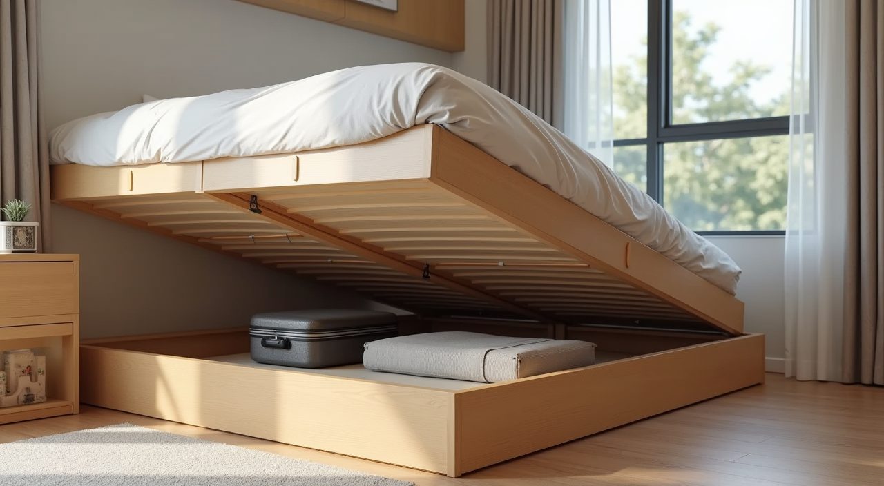 Lift up storage bed base raised to show under bed storage in a Singapore resale flat bedroom