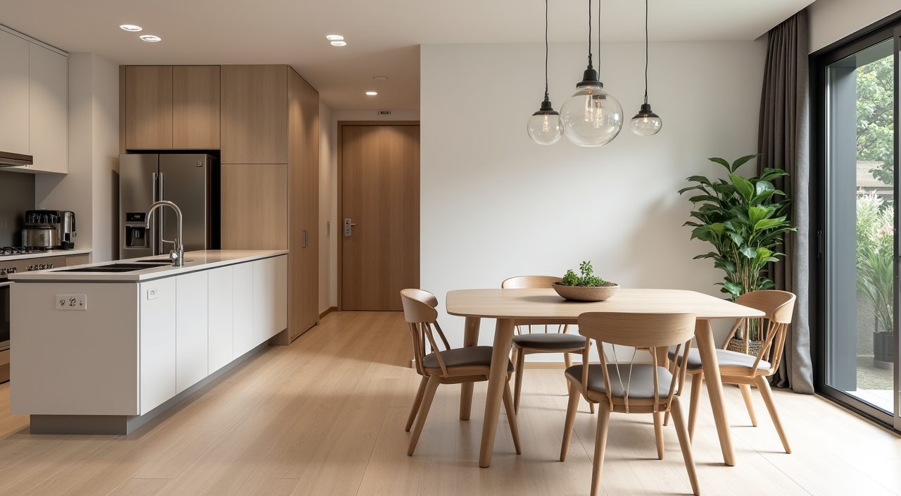 Contemporary Singapore resale flat dining area with an oval table sized to keep the walkway clear