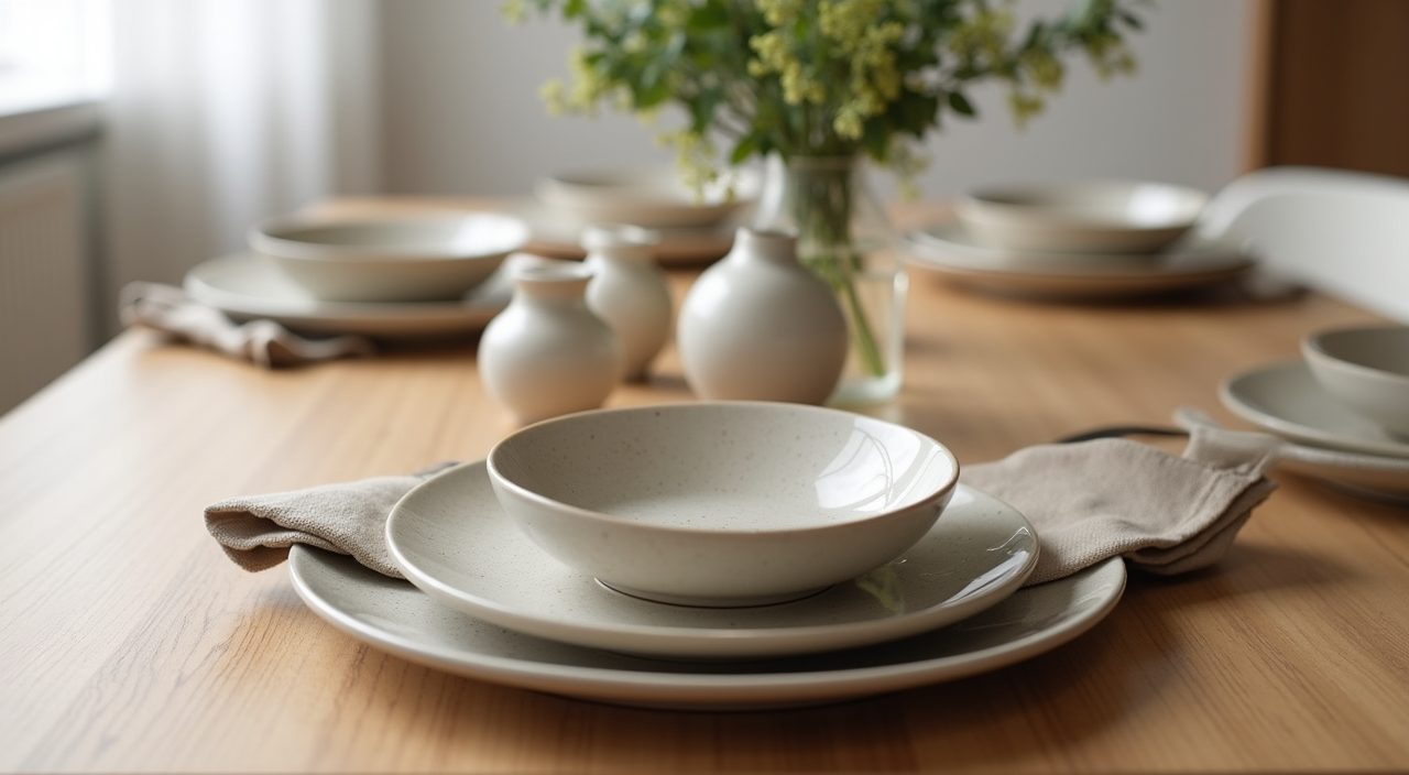 Styled tabletop detail with neutral stoneware on a warm dining table in a Singapore resale flat