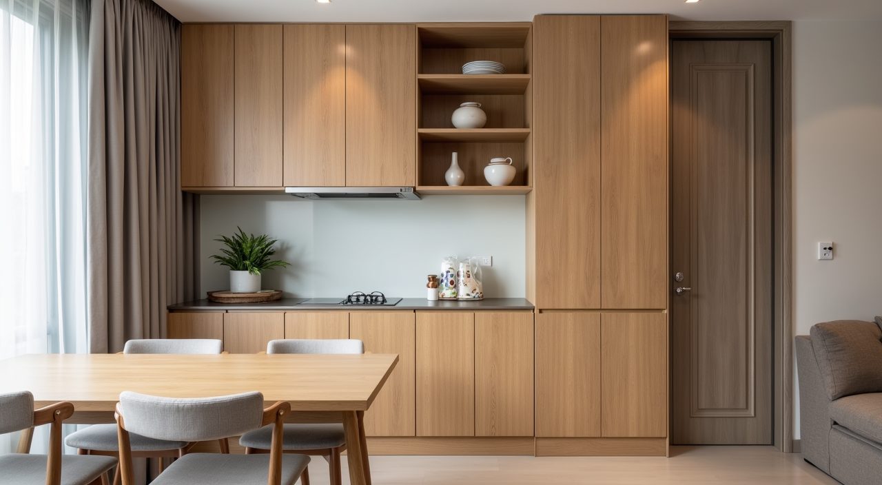 Contemporary Singapore resale flat dining area with slim full height wall storage in oak veneer