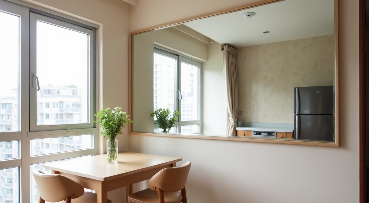 Contemporary Singapore resale flat dining corner with a large wall mirror stretching the tight space