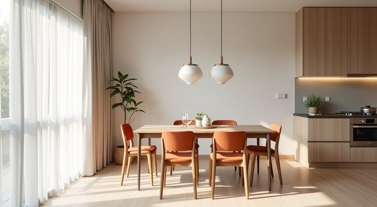 Contemporary Singapore resale flat dining area in a warm neutral palette with terracotta accent chairs