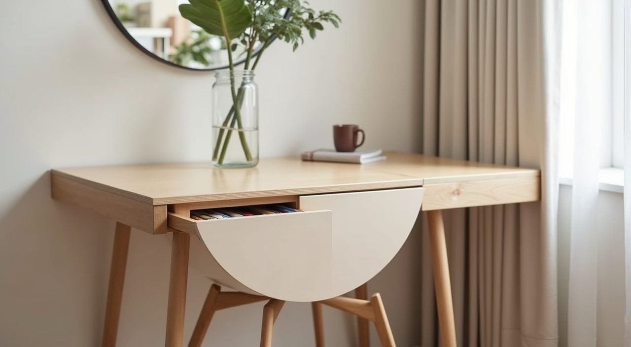 Compact Singapore resale flat dining area with a dual purpose drop leaf table that doubles as a desk