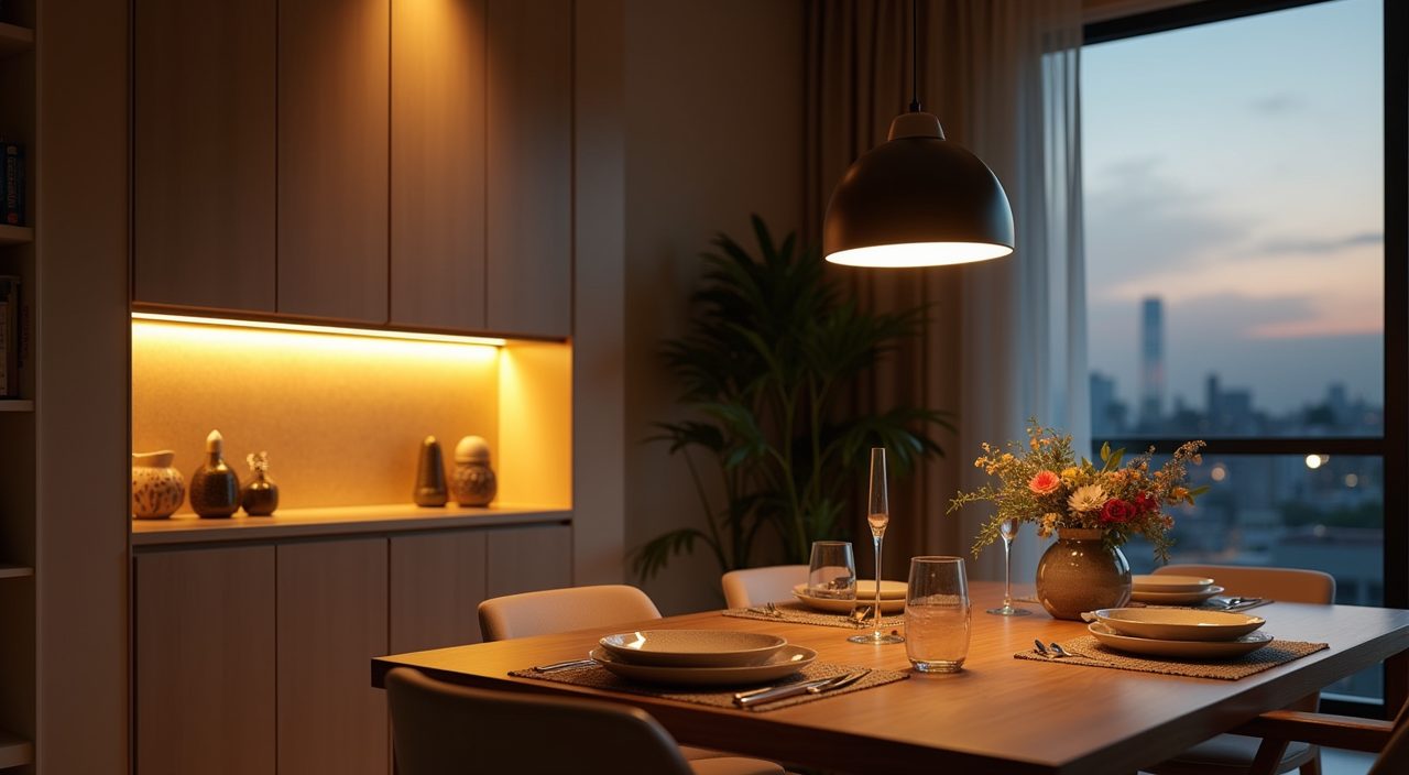 Layered warm task and mood lighting in a Singapore resale flat dining area at dusk