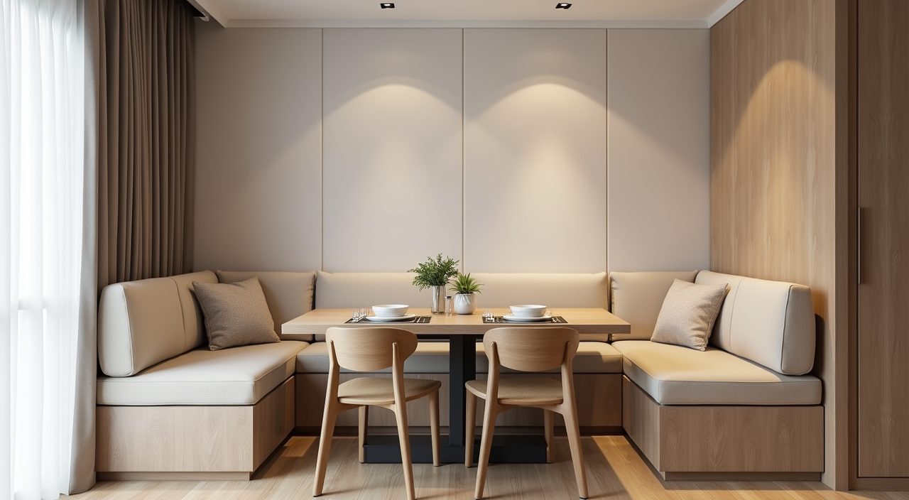 Contemporary Singapore resale flat dining nook with a built in banquette bench and hidden storage