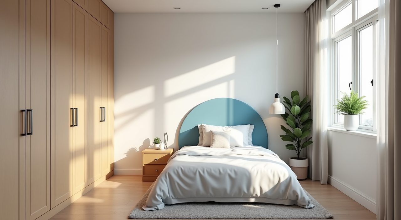 Contemporary Singapore HDB kids bedroom with warm-neutral walls and one blue accent feature wall