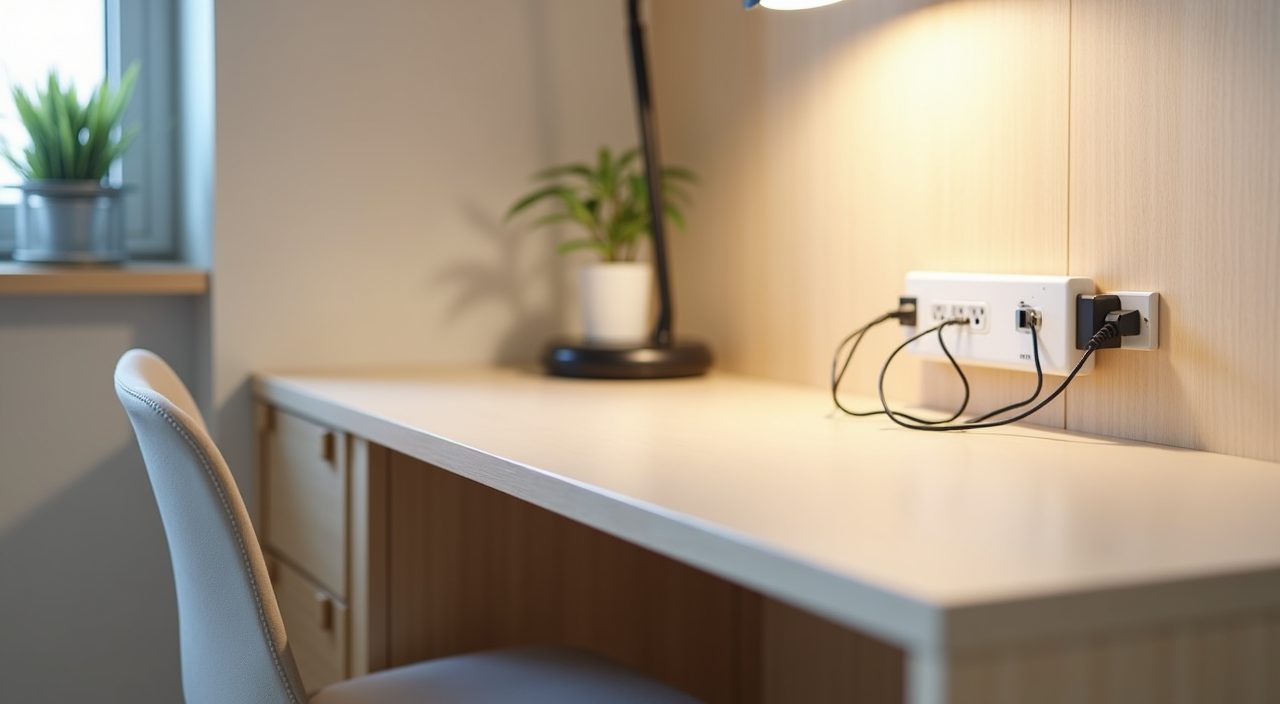 Slim built-in desk detail with adjustable chair and desk-height sockets in a Singapore kids room