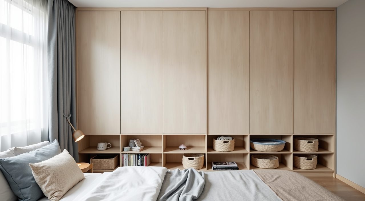Full-height built-in storage wall with closed cabinets and open cubbies in a Singapore kids bedroom