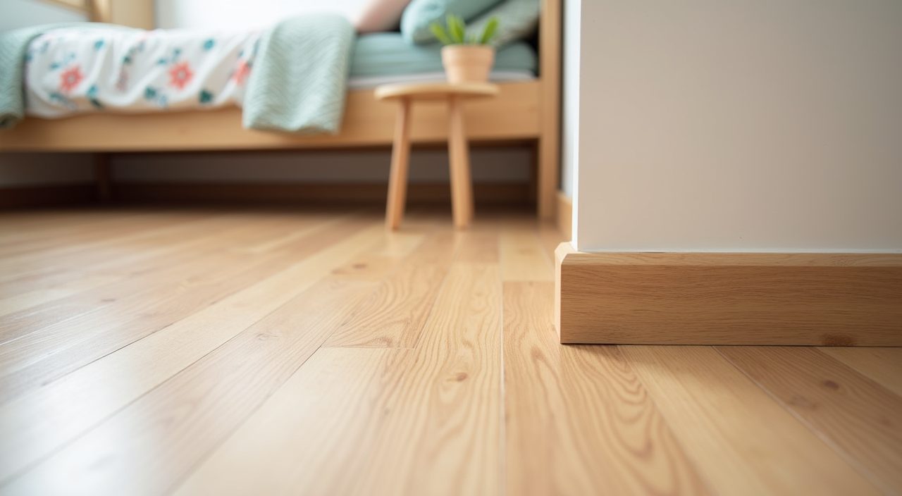 Close-up of light vinyl plank flooring and moisture-resistant laminate carpentry in a Singapore kids room