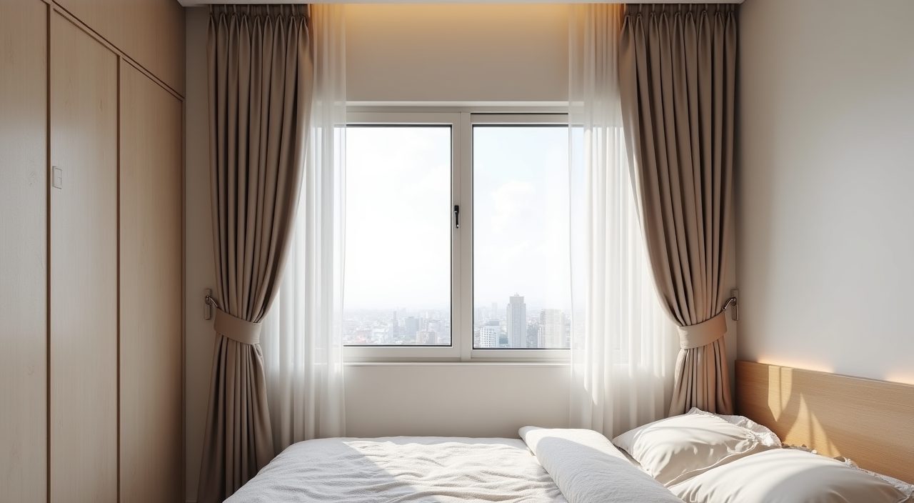 Clear HDB window with layered day curtains and blackout blind in a Singapore resale kids bedroom