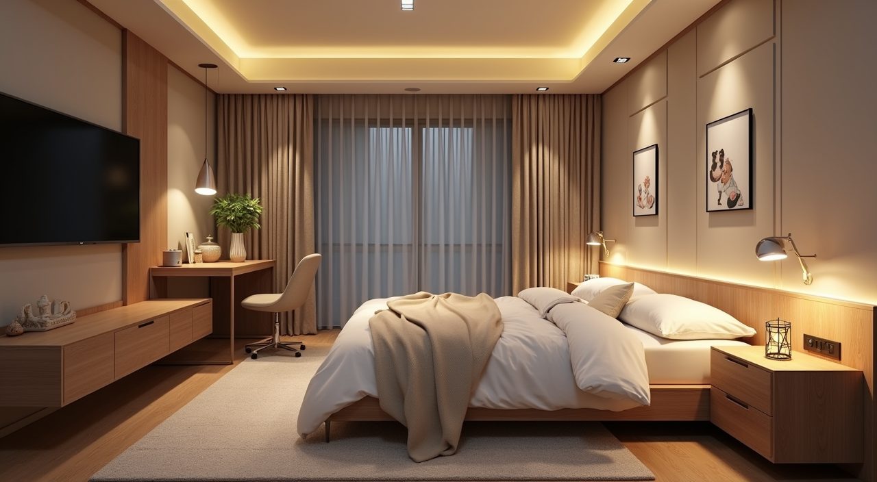 Layered lighting with ceiling downlights, desk task light, and warm bedside lamp in a Singapore kids room