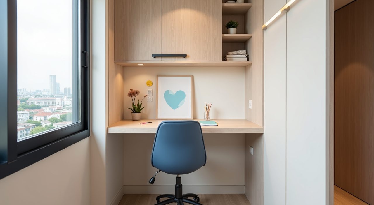 Built-in study corner with slim desk, adjustable chair, and pinboard in a Singapore resale kids bedroom