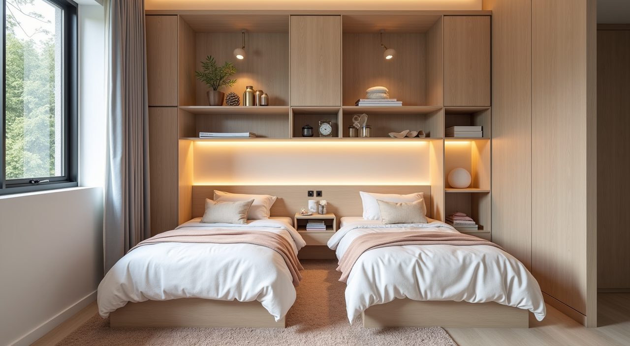 Shared Singapore kids bedroom zoned with two beds, personal cubbies, and a low divider shelf